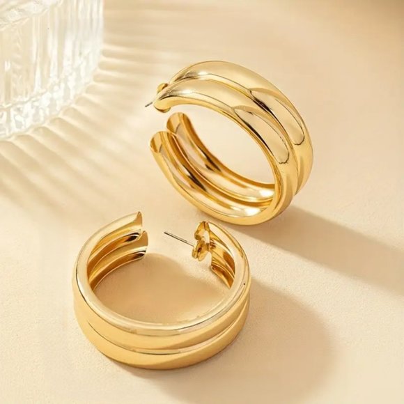 14K Gold Large Chunky Double Row Hoop Womens Earrings Ladies  14K Gold Large Chunky Double Row Hoop Womens Earrings Ladies 14 K Silver Jewelry